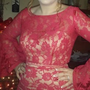 2 piece red lace zip up back Mac Duggal dress